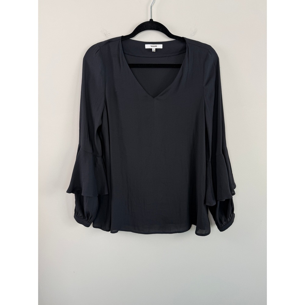 RO&DE Blouse Black Medium V-Neck Tiered Ruffle Bell Sleeve Chiffon Top